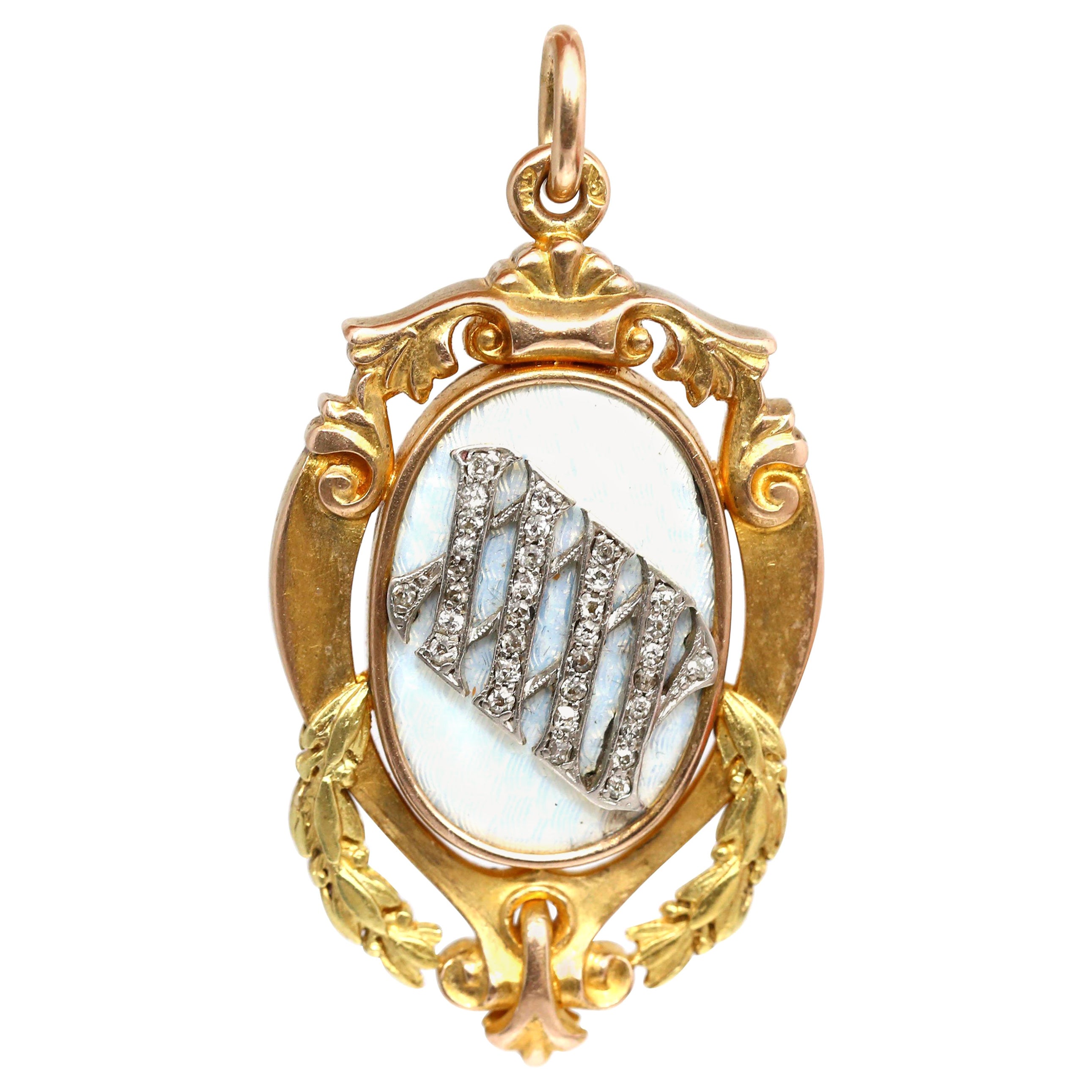 Enamel Gold Diamonds 56 Hallmark Cyrillic Guilloche Pendant, 1916 For Sale