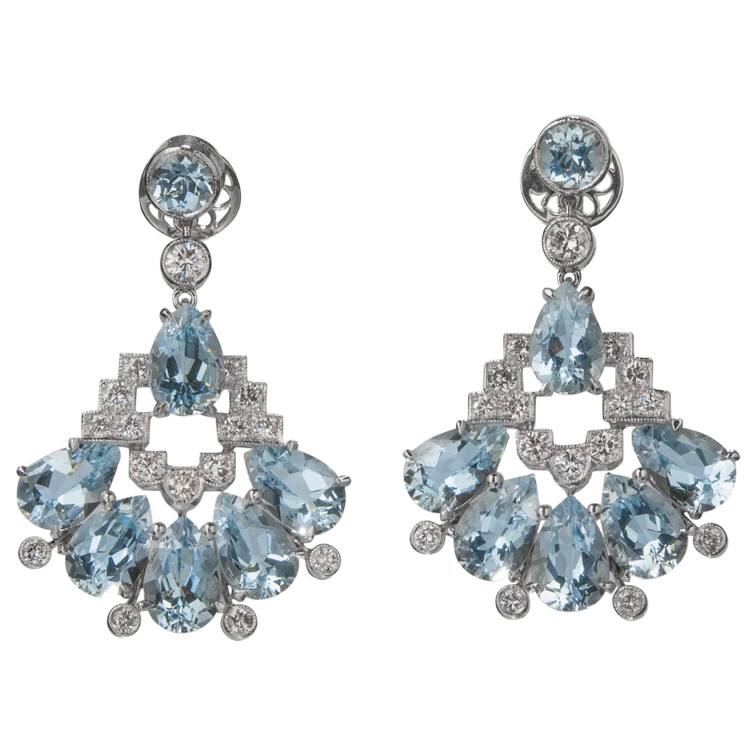 Aquamarine and Diamond Chandelier Earrings For Sale