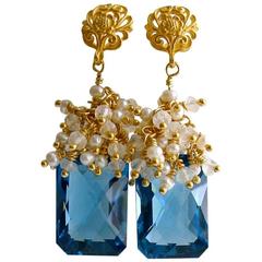 London Blue Topaz Seed Pearls Moonstone Cluster Earrings
