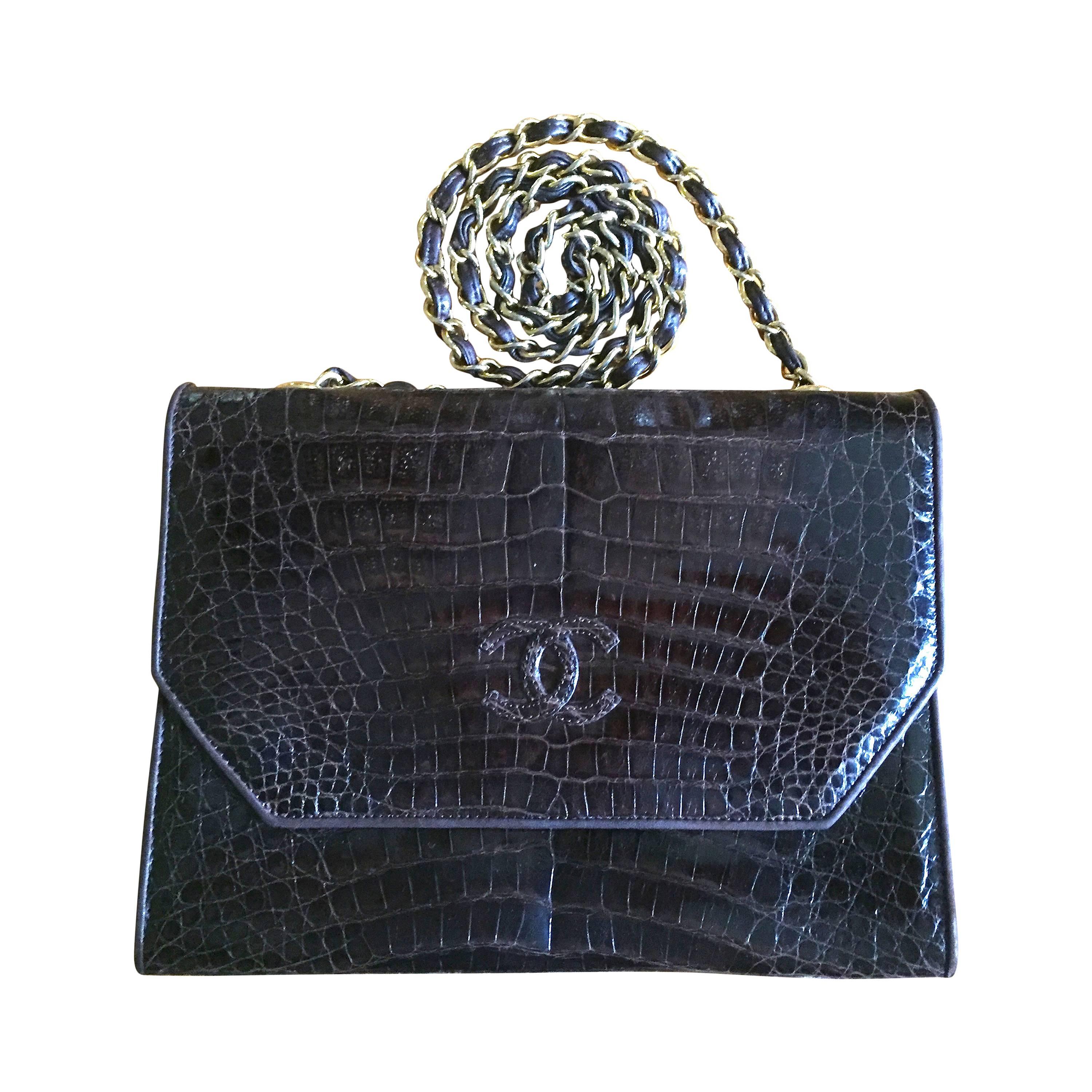 Chanel Vintage Brown Crocodile Flap Bag with Gold Hardware