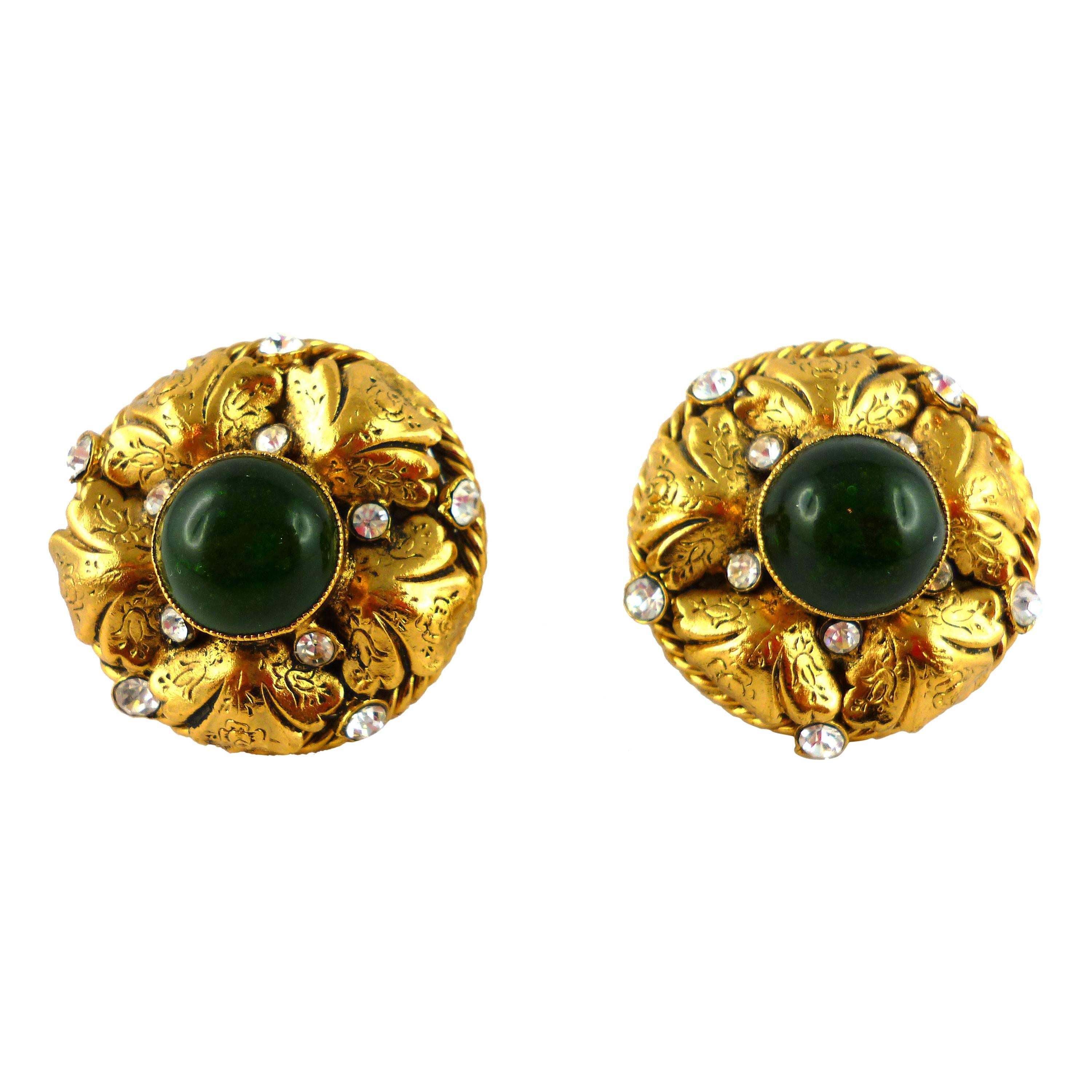 Chanel Vintage Gripoix Glass and Rhinestone Filigree Clip-On Earrings Fall 95