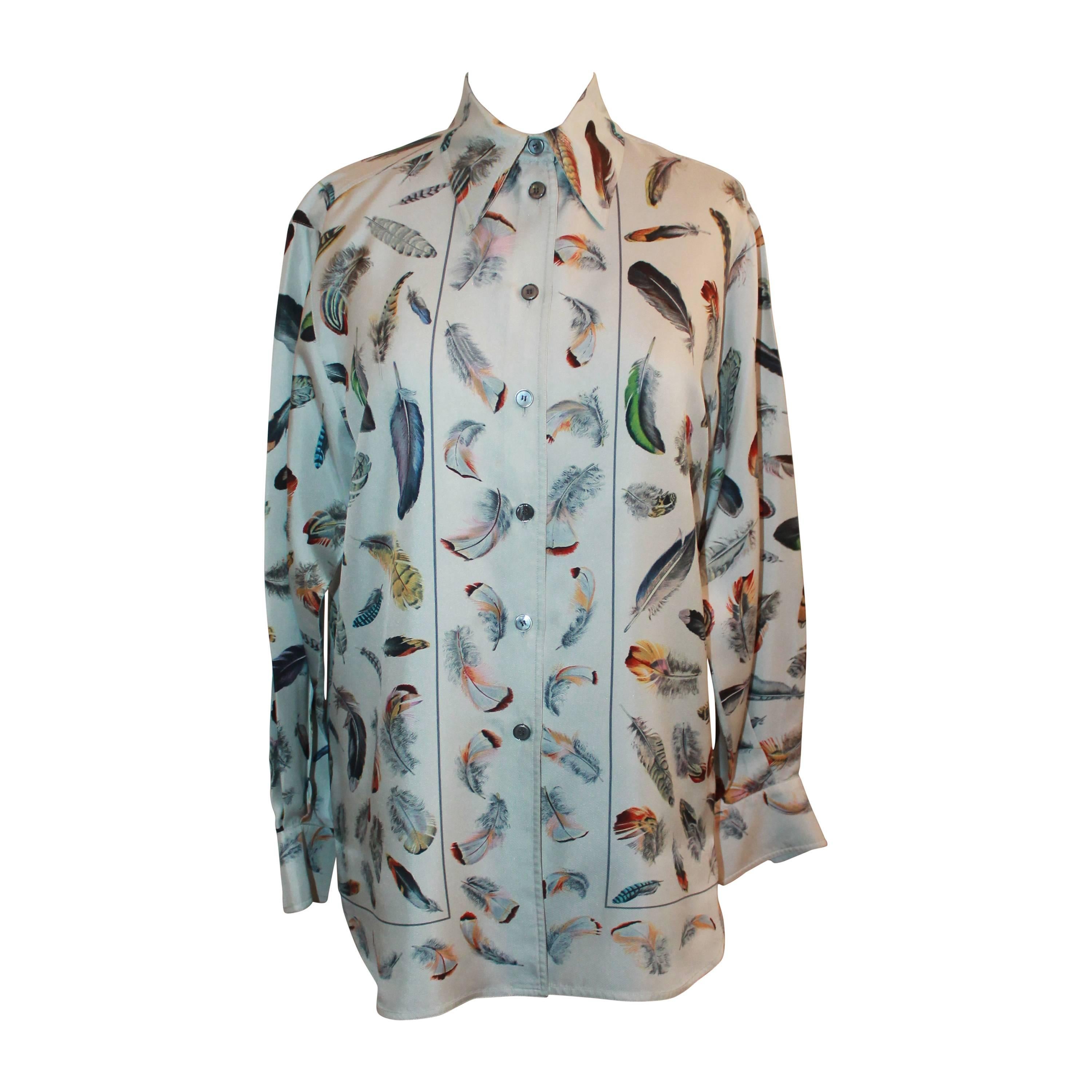 Hermes 1990s Pale Blue Feather Printed Long Sleeve - 36