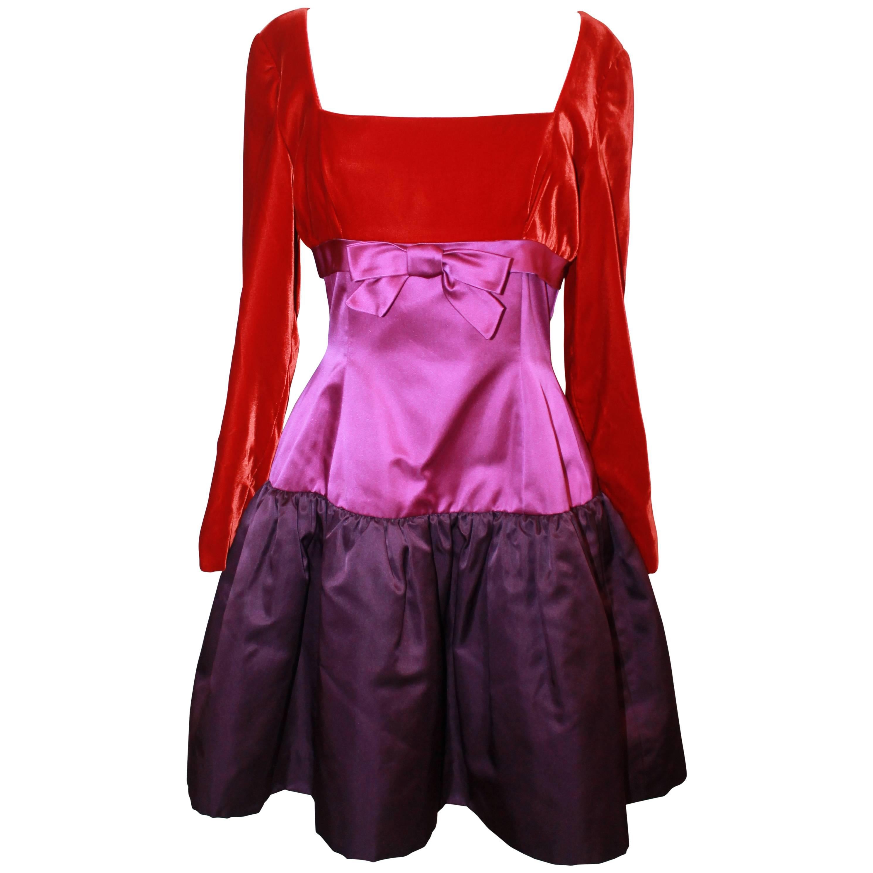 Oscar de la Renta 1990's Red & Purple Satin & Velvet Color Block Dress-Size 8