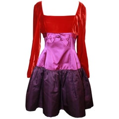 Oscar de la Renta 1990's Red & Purple Satin & Velvet Color Block Dress-Size 8