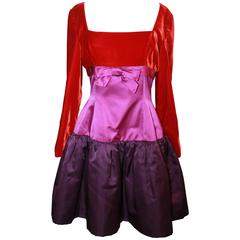 Oscar de la Renta Red & Purple Satin & Velvet Color Block Dress - 8 - Circa 90's 12