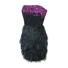 Badgley Mischka Black and Purple Ostrich Feather Dress - 8