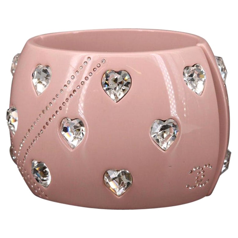 2004 Chanel Pink Resin Clamper Cuff Bracelet w/Crystal Heart Motif For Sale