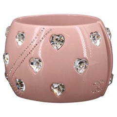 2004 Chanel Pink Resin Clamper Cuff Bracelet w/Crystal Heart Motif