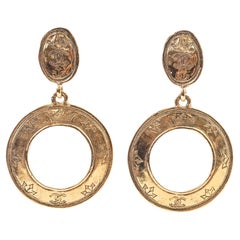 1989 Chanel Dangling Hammered Gold Hoop Earrings Etched w/CC Logo & Crown Motif