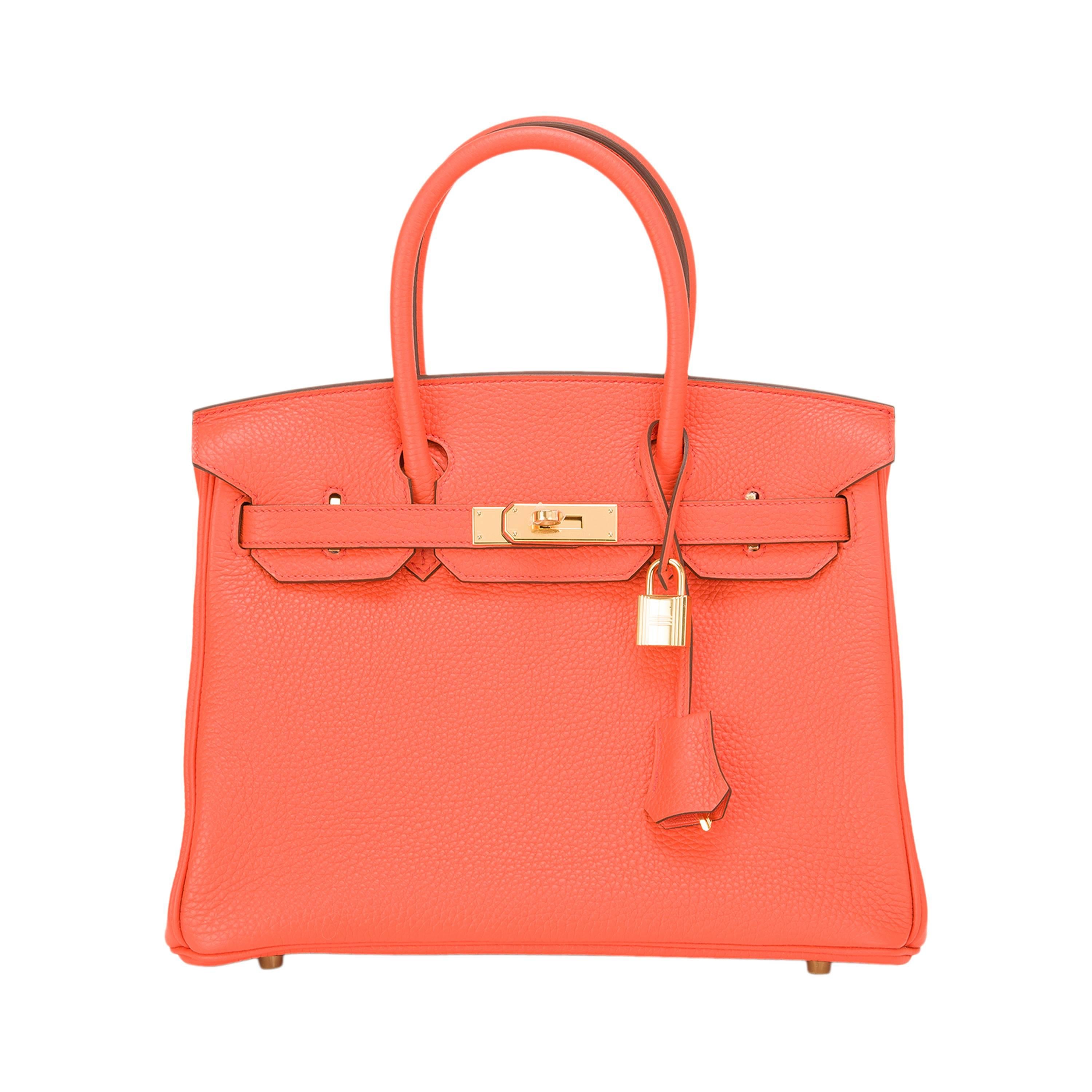 Hermes Orange Poppy Clemence Birkin 30cm Gold Hardware