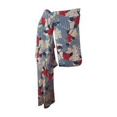 Vintage 1930s Hydrangea Print Silk Kimono in Navy Cornflower Red and Cream