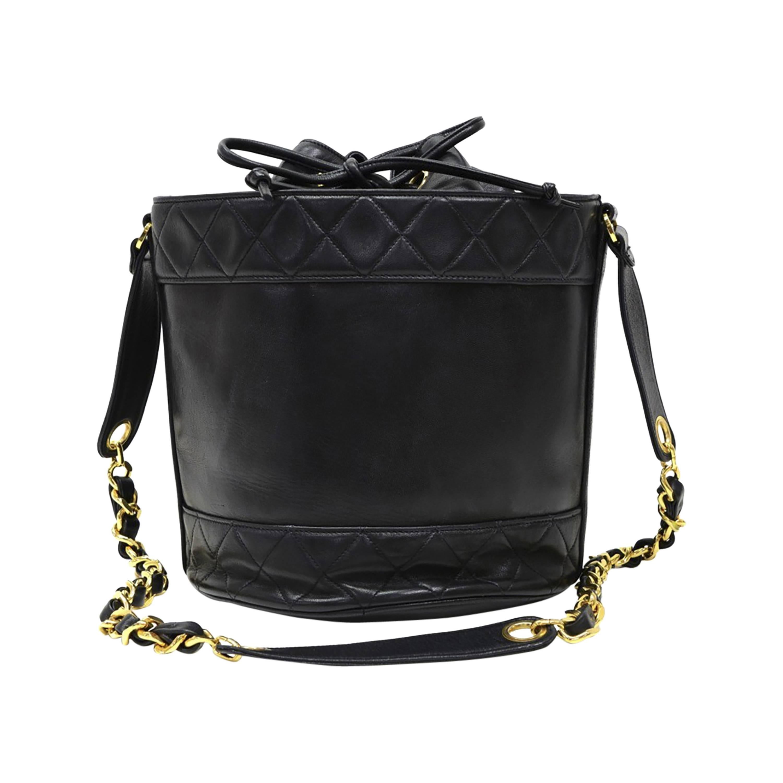 1990s Chanel Black Lambskin Drawstring Bucket Bag