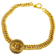 Chanel Gold Textured Charm Coin Medallion Link Evening Choker Necklace