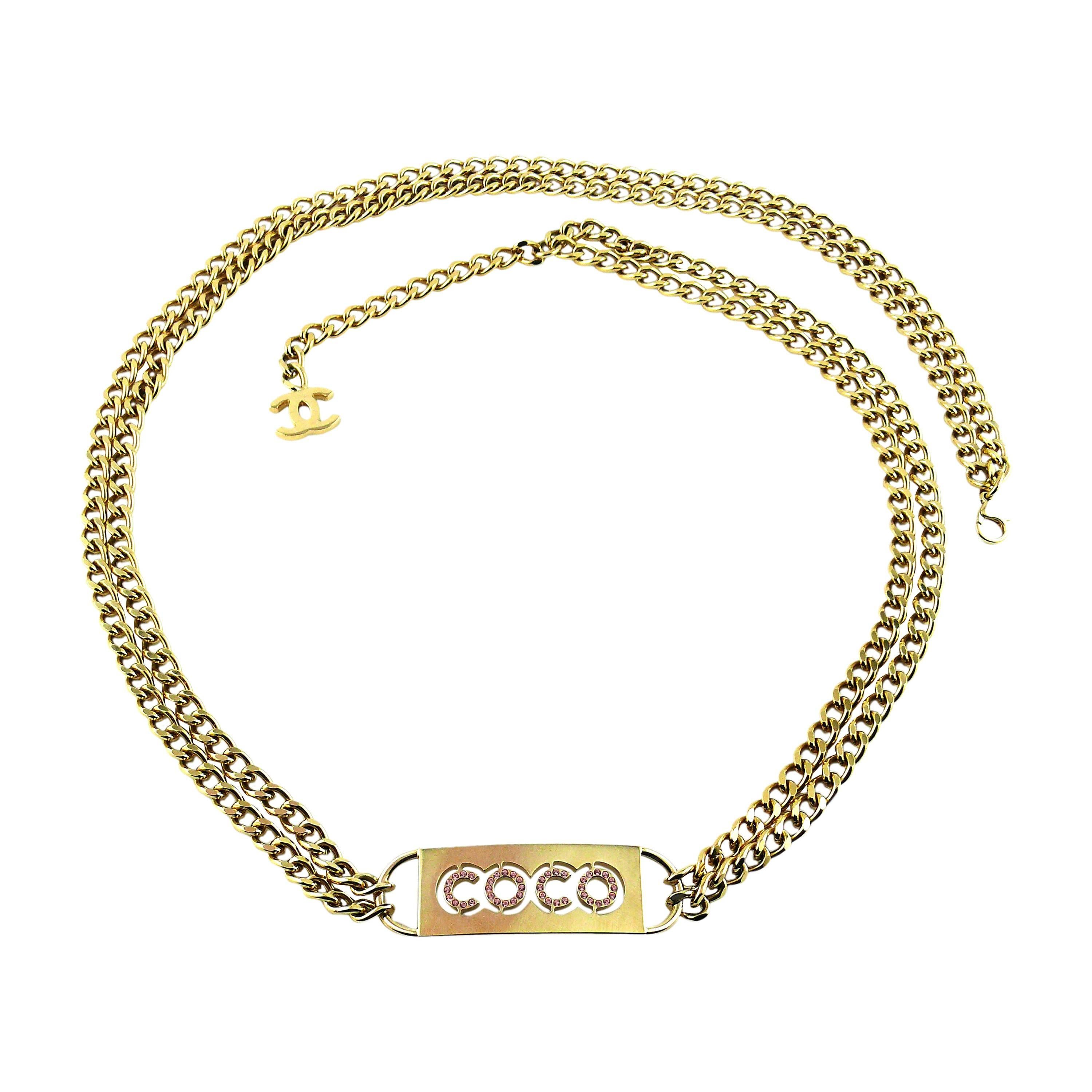 Chanel Pink Crystal Coco ID Tag Chain Belt Spring 2002 at 1stDibs