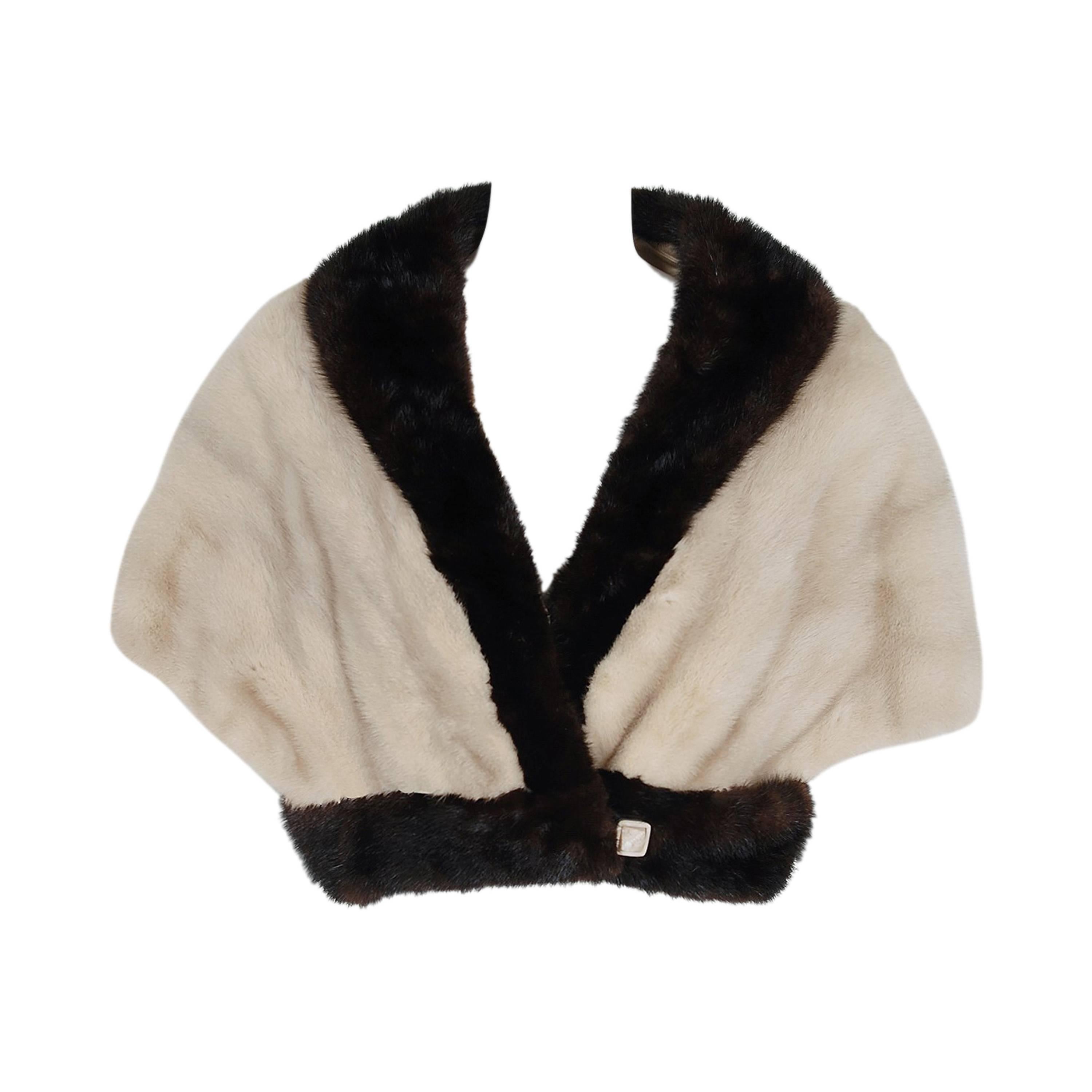 1950's Elegant Ivory White & Brown Mink Fur Block-Color Cropped Bolero Jacket