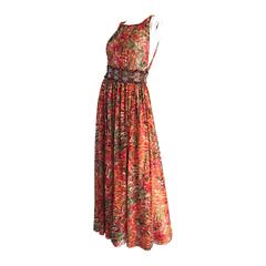 Oscar de la Renta Beautiful Watercolor Bohemian Boho Maxi Dress w/ Wooden Beads 6