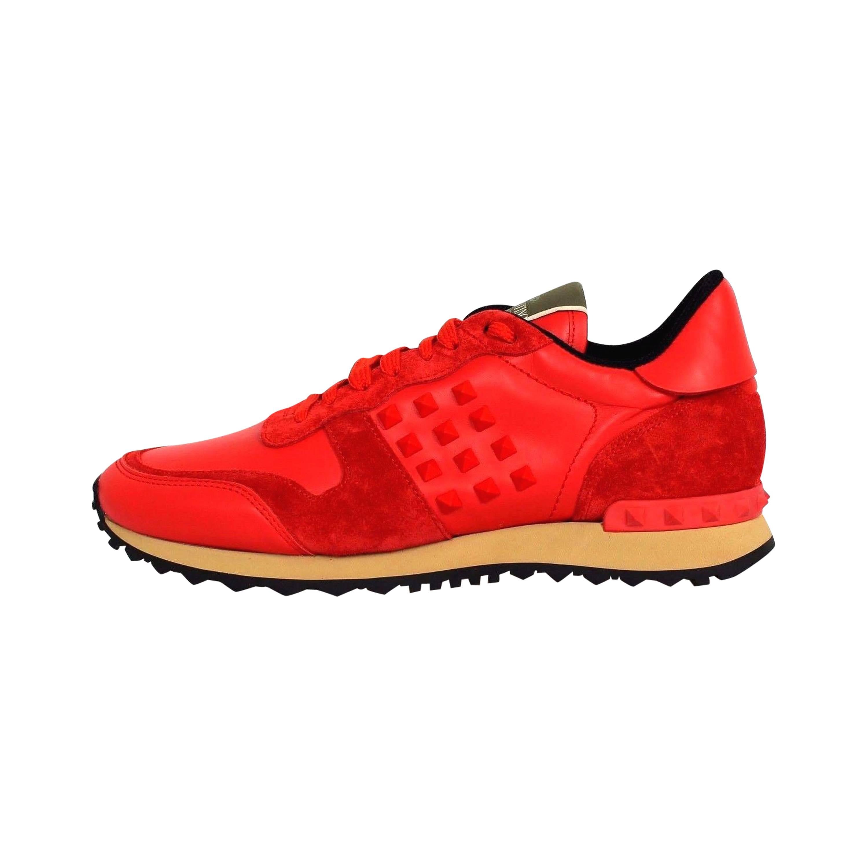 Valentino Red Leather Suede Rockstud Studded Lace up Sneakers New For Sale