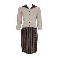 1950's Schiaparelli Beige Cashmere & Striped Wool Sailor-Flap Sweater Skirt Set