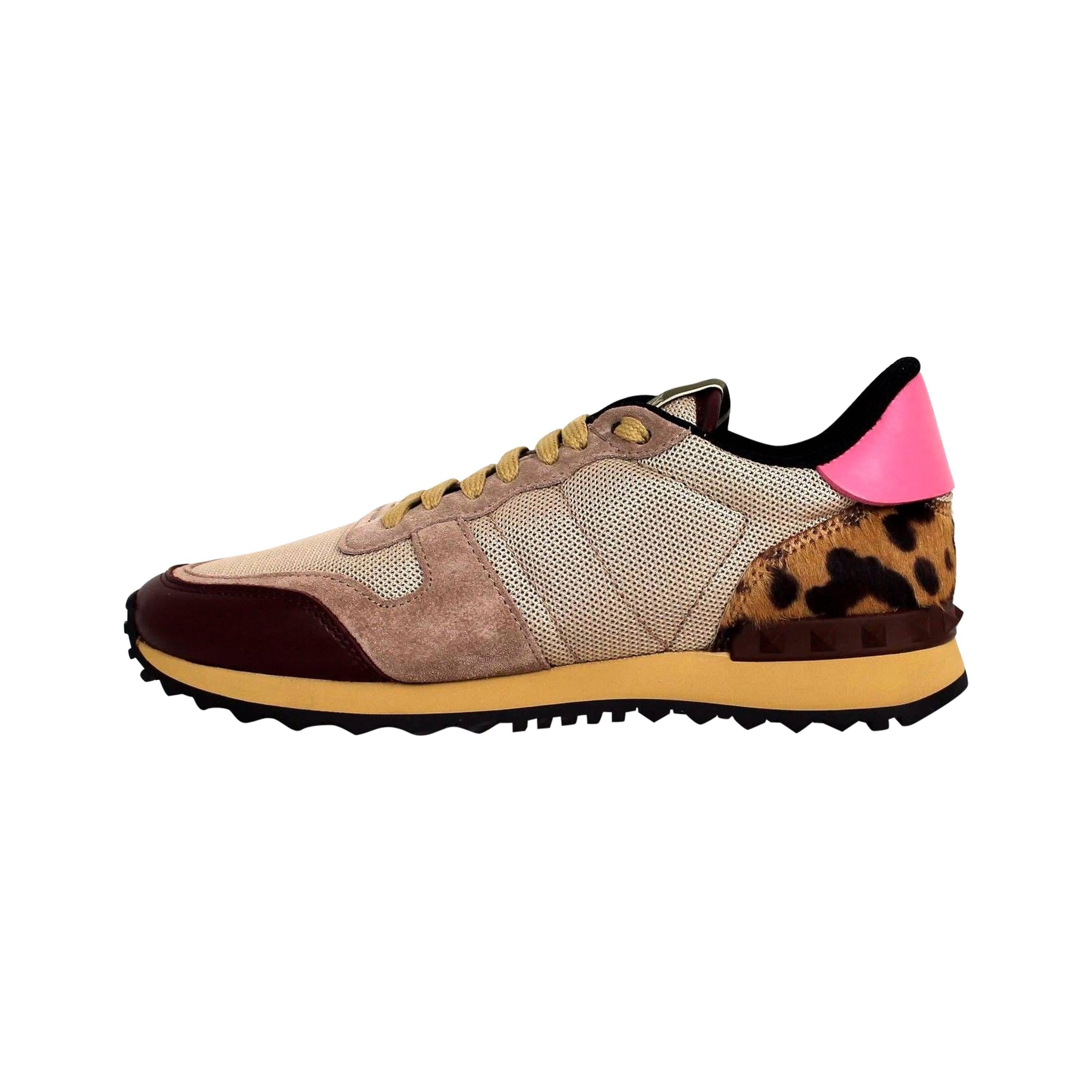 Valentino Pink Beige Leather Suede Leopard Print Calf Hair Lace Up Sneakers New For Sale