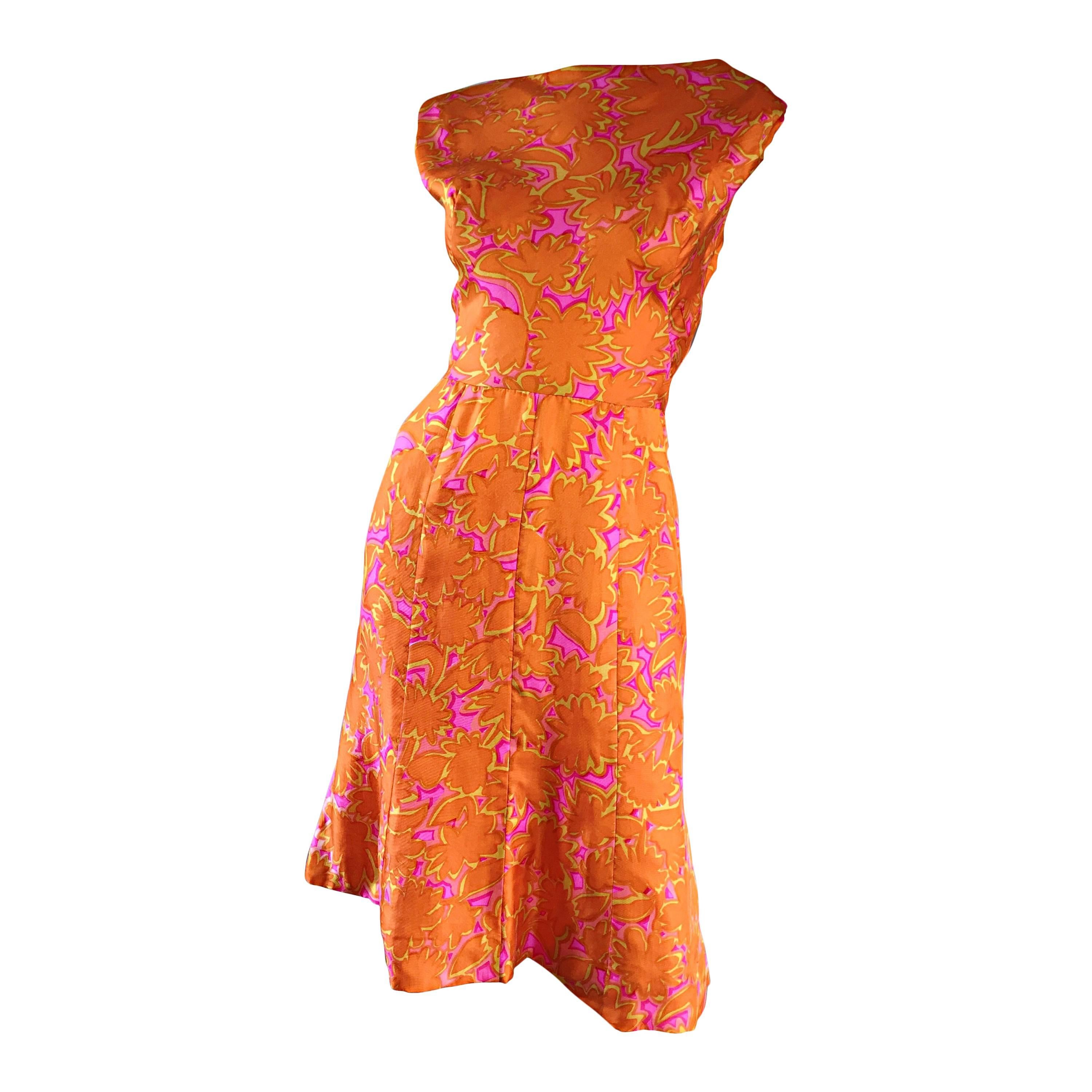 1960s Vintage Bright Orange + Hot Pink A Line Flower Psychedelic 60s Silk Dress