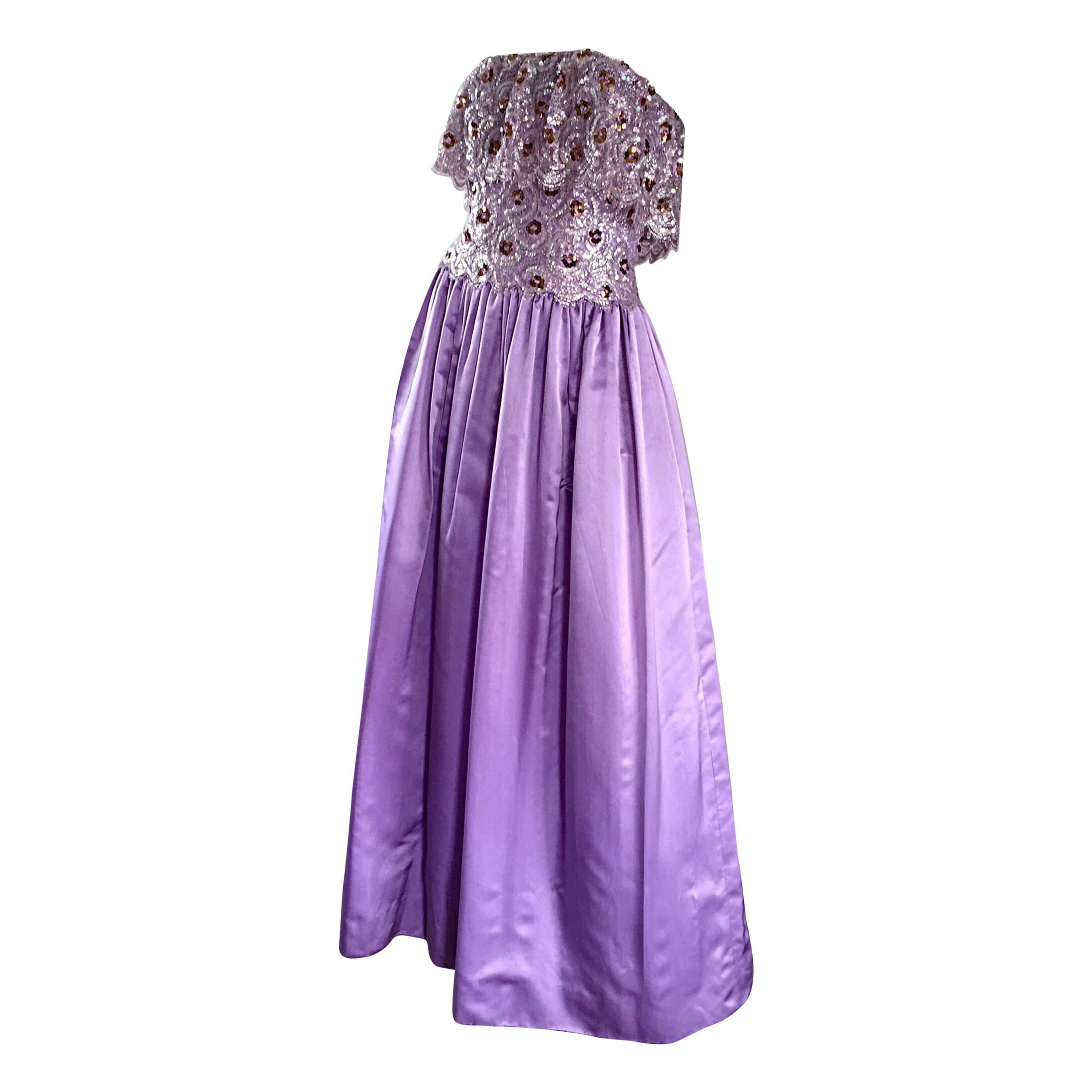 Alfred Bosand 1970s Vintage Purple / Lavender Sequin Silk + Lace 70s Gown For Sale