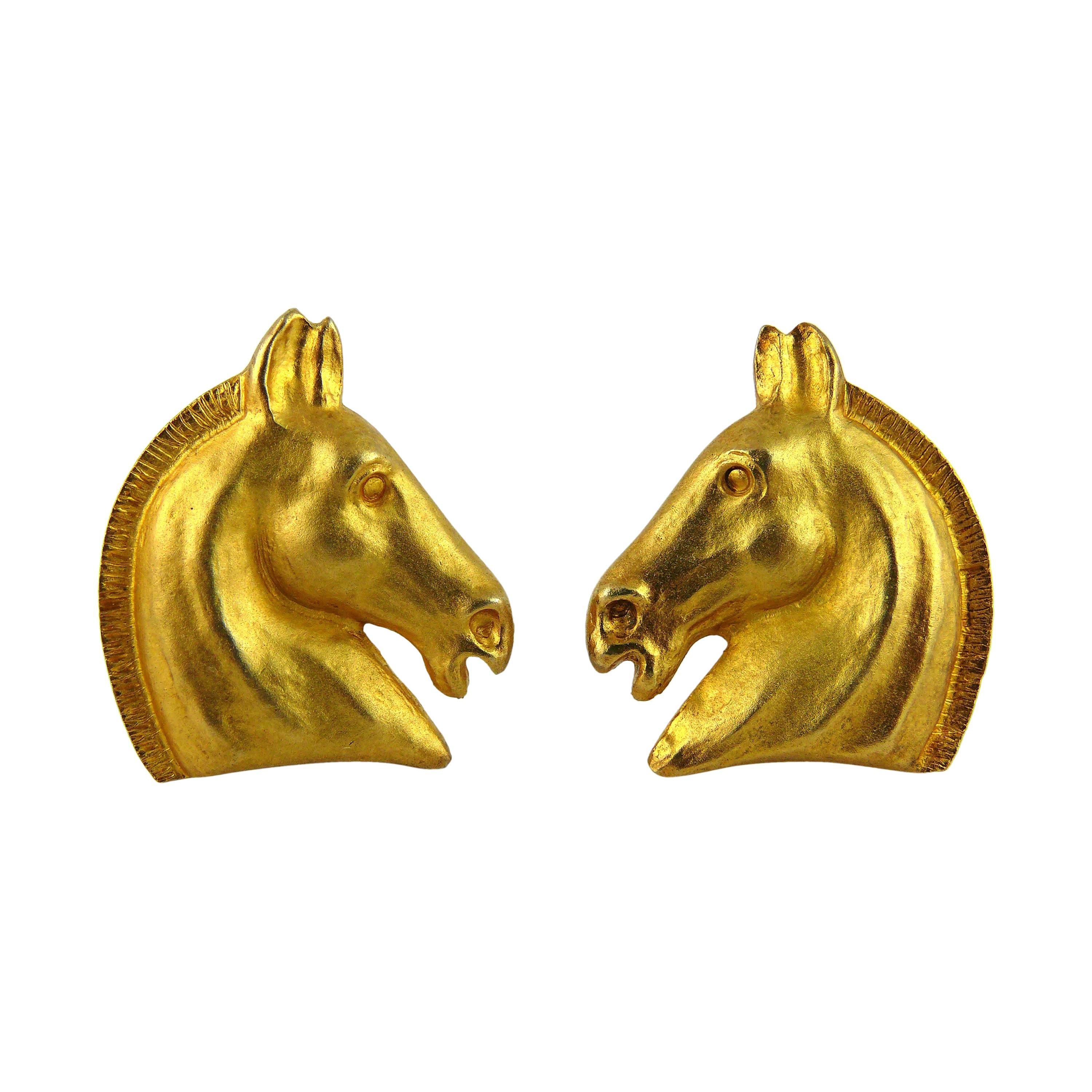Hermes Vintage Iconic Gold Horse Head Clip-On Earrings at 1stDibs | hermes  horse earrings