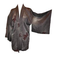 Japanese Charcoal Gray Silk "Starburst & Foo-Dogs" Kimono 5