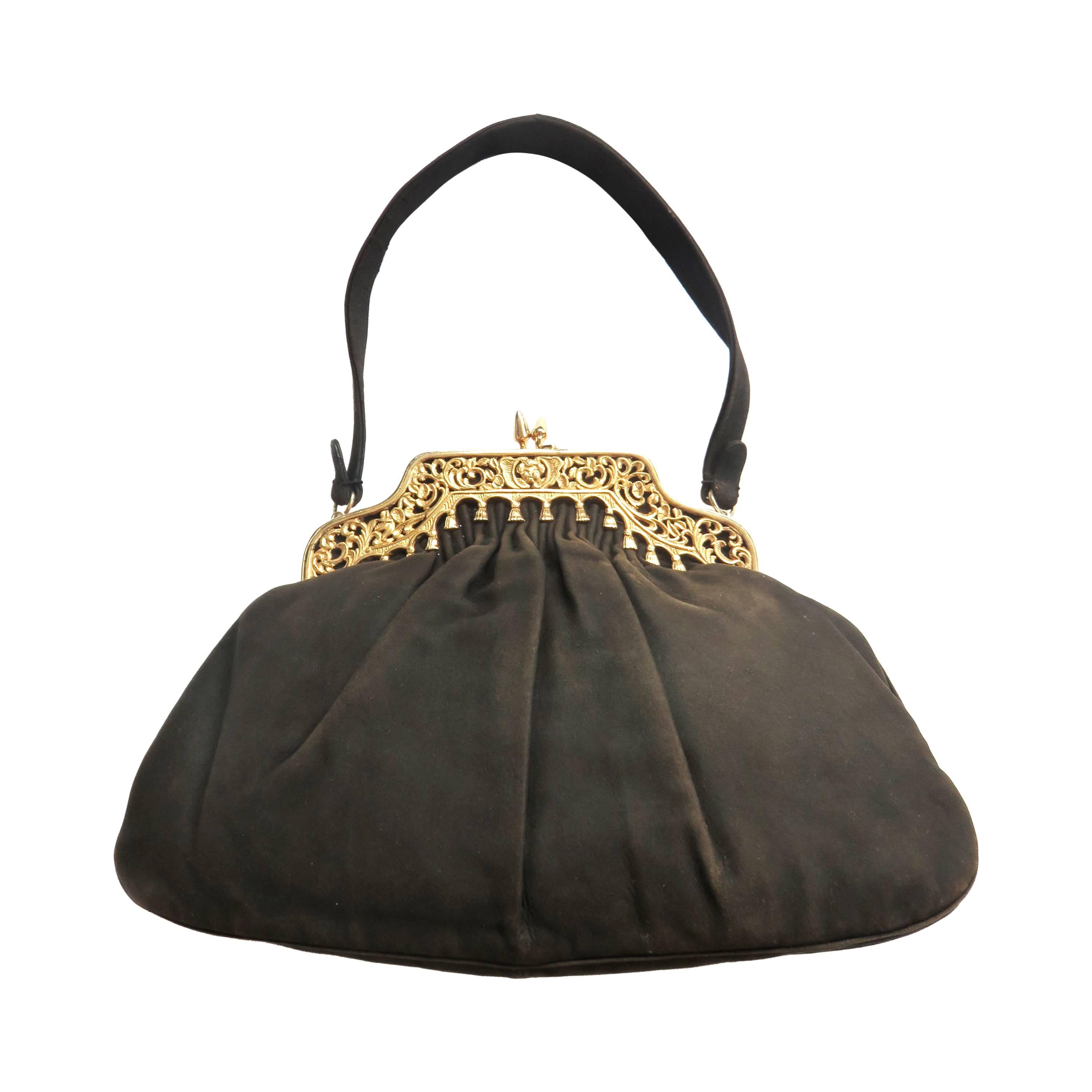 1940's NETTIE ROSENSTEIN Brown suede and metal evening bag purse For Sale
