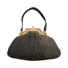 1940's NETTIE ROSENSTEIN Brown suede and metal evening bag purse