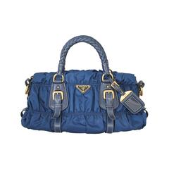 Prada Blue Nylon & Leather Ruched Bag w/ Braided Handle - GHW