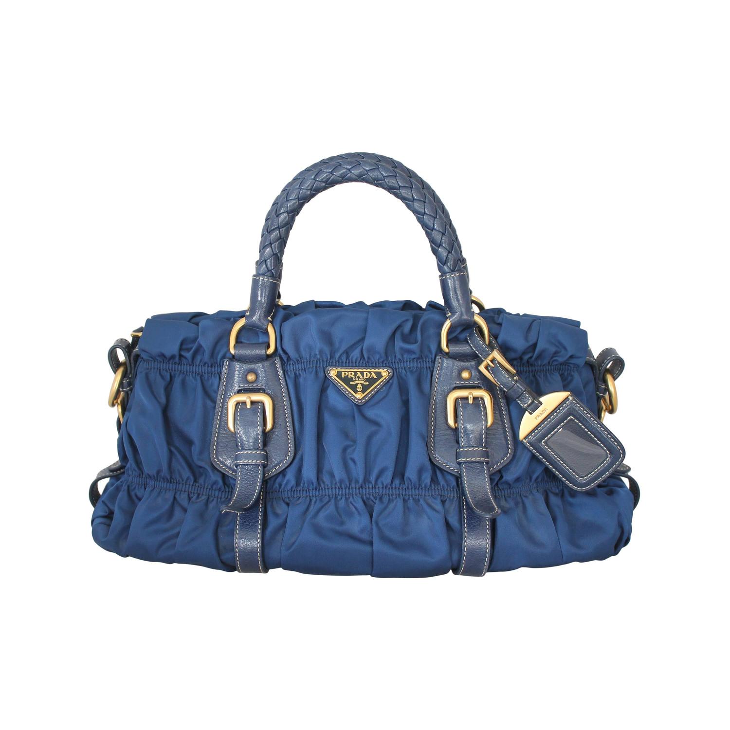 Prada Blue Nylon and Leather Ruched Bag w/ Braided Handle - GHW at ...  