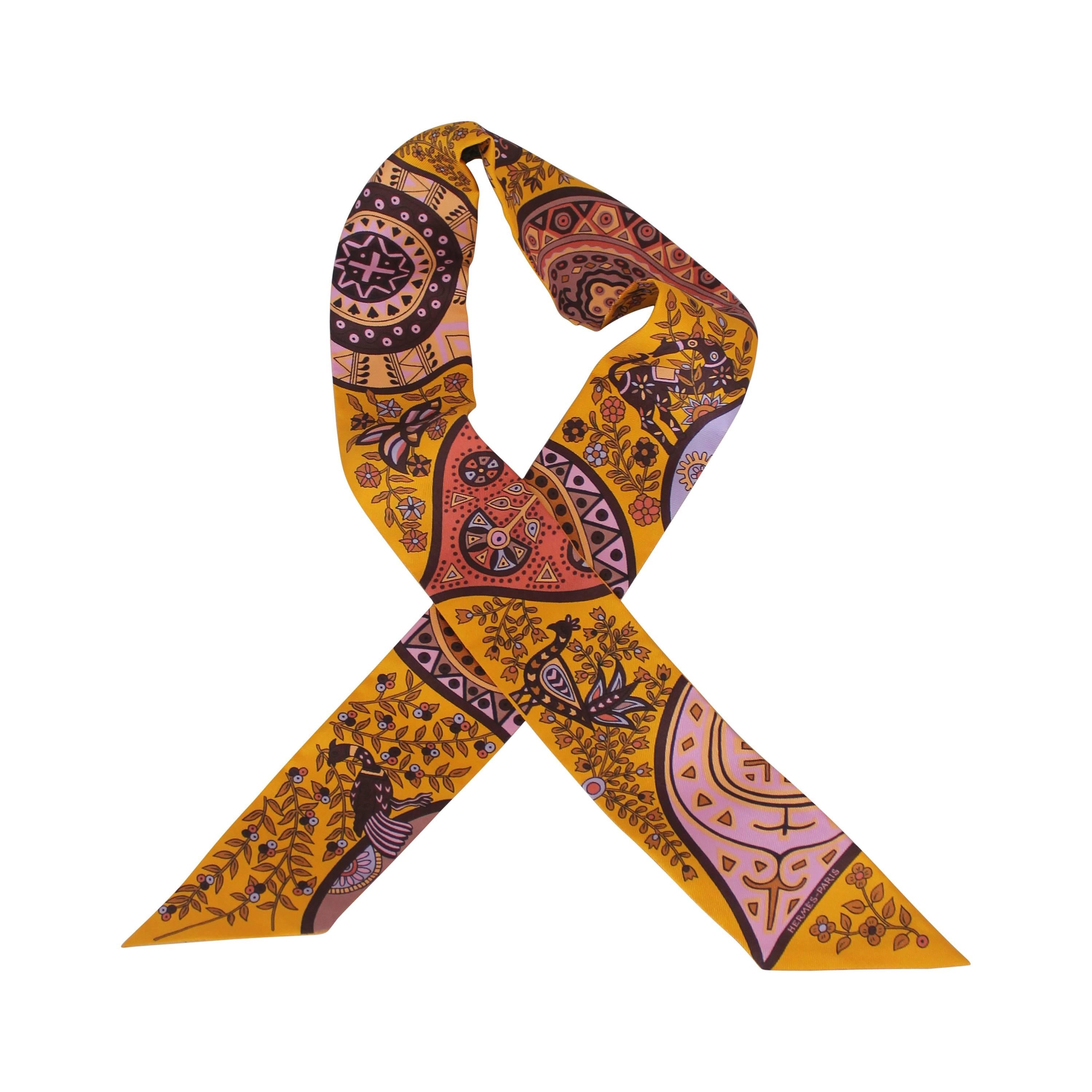 Hermes Mustard, Plum, 
Lavender Silk Twilly with Box