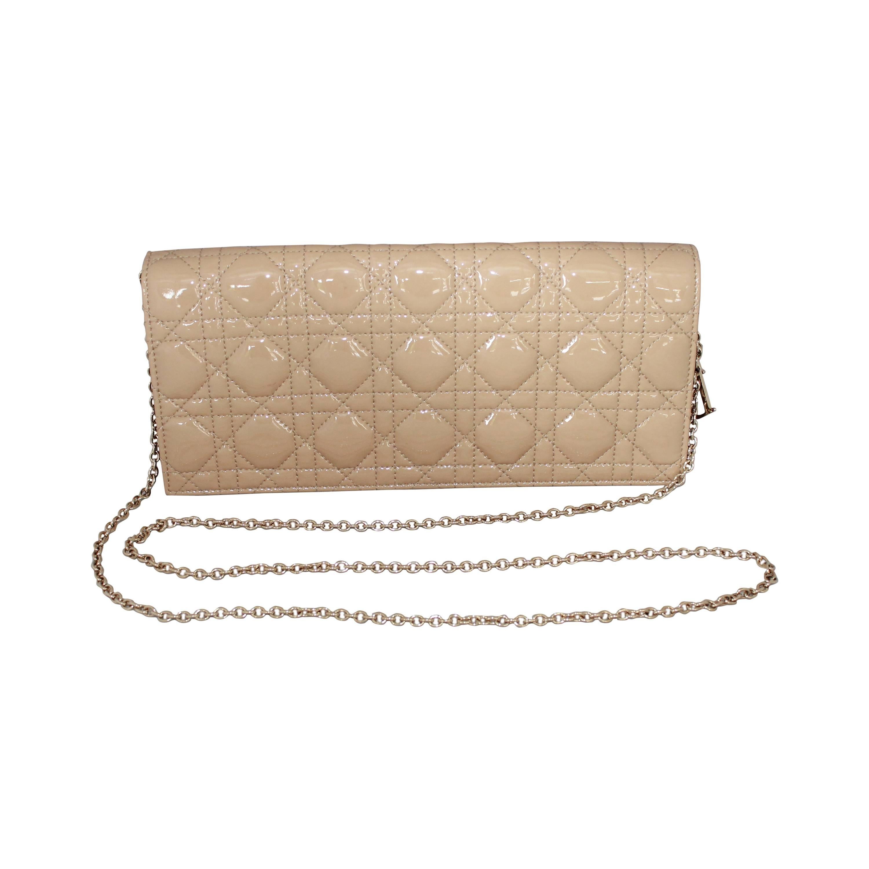 Dior Tan Patent Quilted Clutch with Chain Strap 
Dior Charms - GHW