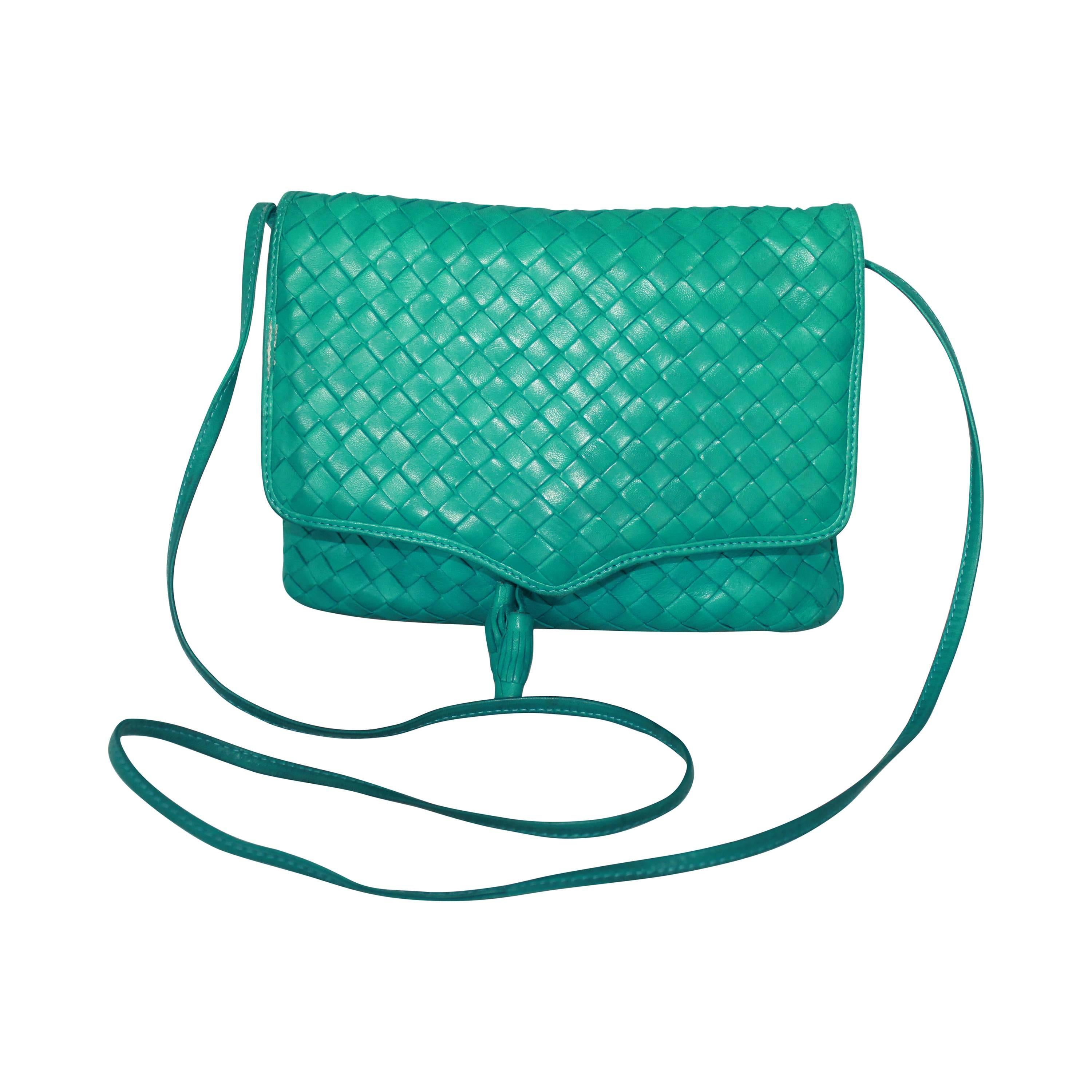 Bottega Veneta 1980's Vintage Teal Woven Leather  Square Crossbody Bag