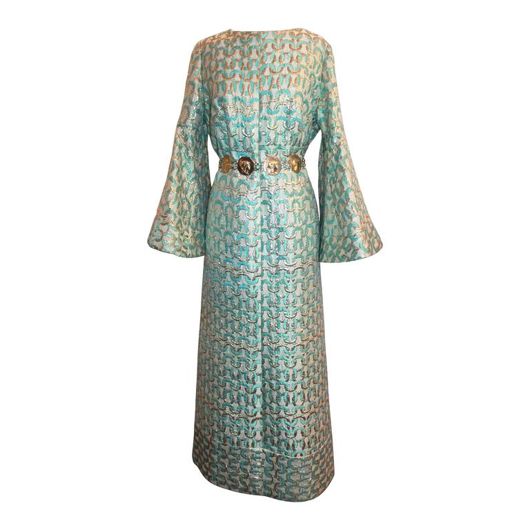 gold and aqua dress V Neck Full Skirt Waist Gown in Aqua, Gold, and Chartreuse Aqua, Gold, Chartreuse / 10