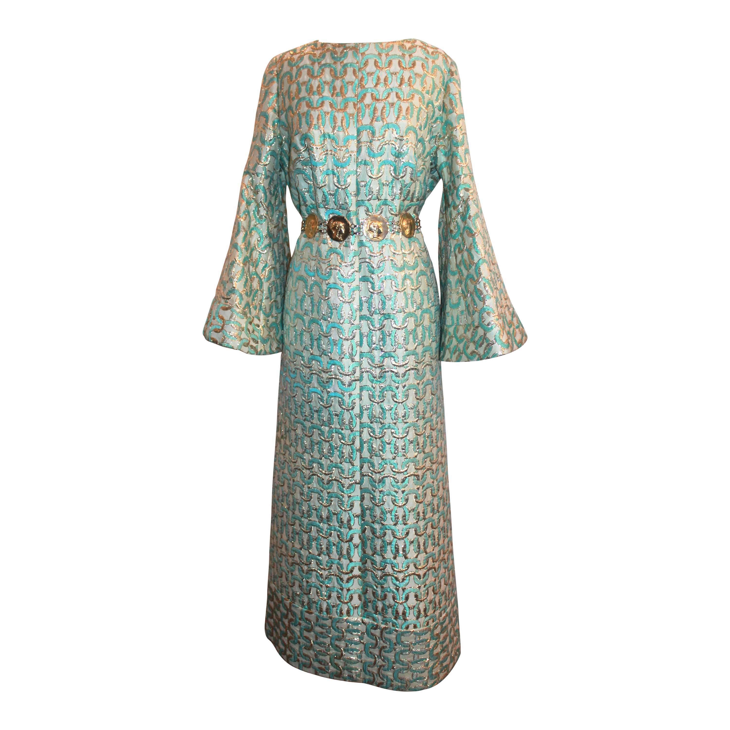 Sarmi 1960's Gold & Aqua Brocade Vintage Long Sleeve Gown - L