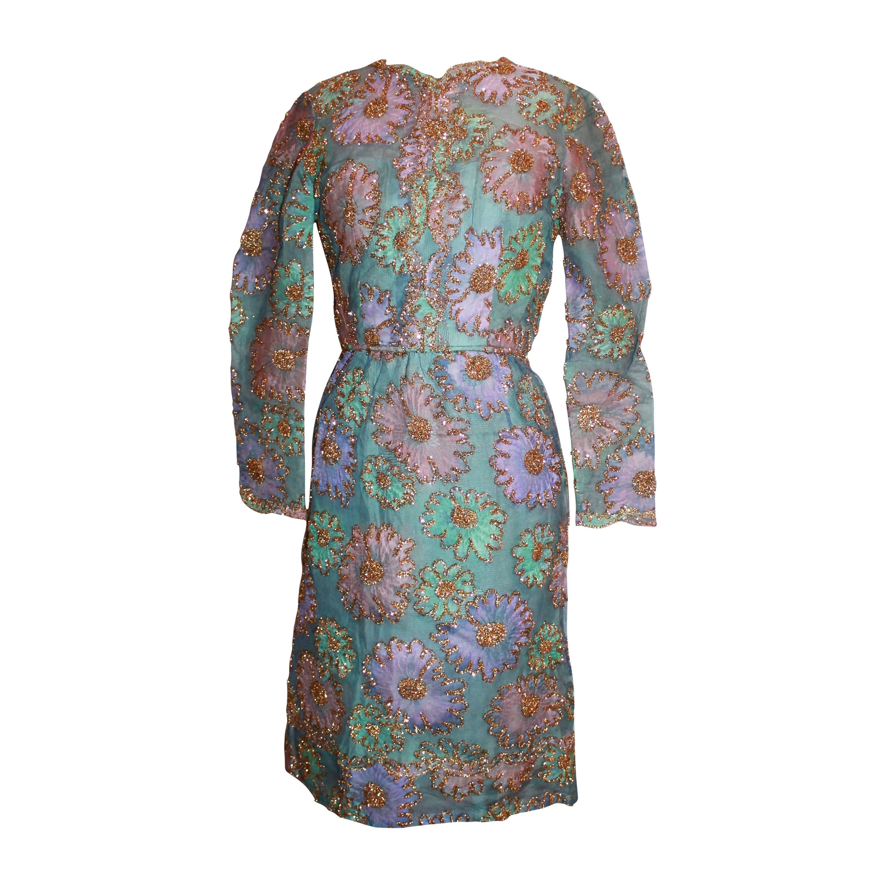 Sarmi 1960's Pastels Lace & Tinsel Long Sleeve Dress - M