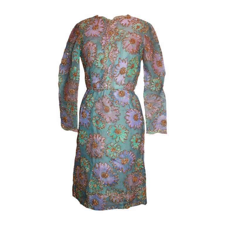 Sarmi 1960's Pastels Lace and Tinsel Long Sleeve Dress M at 1stDibs