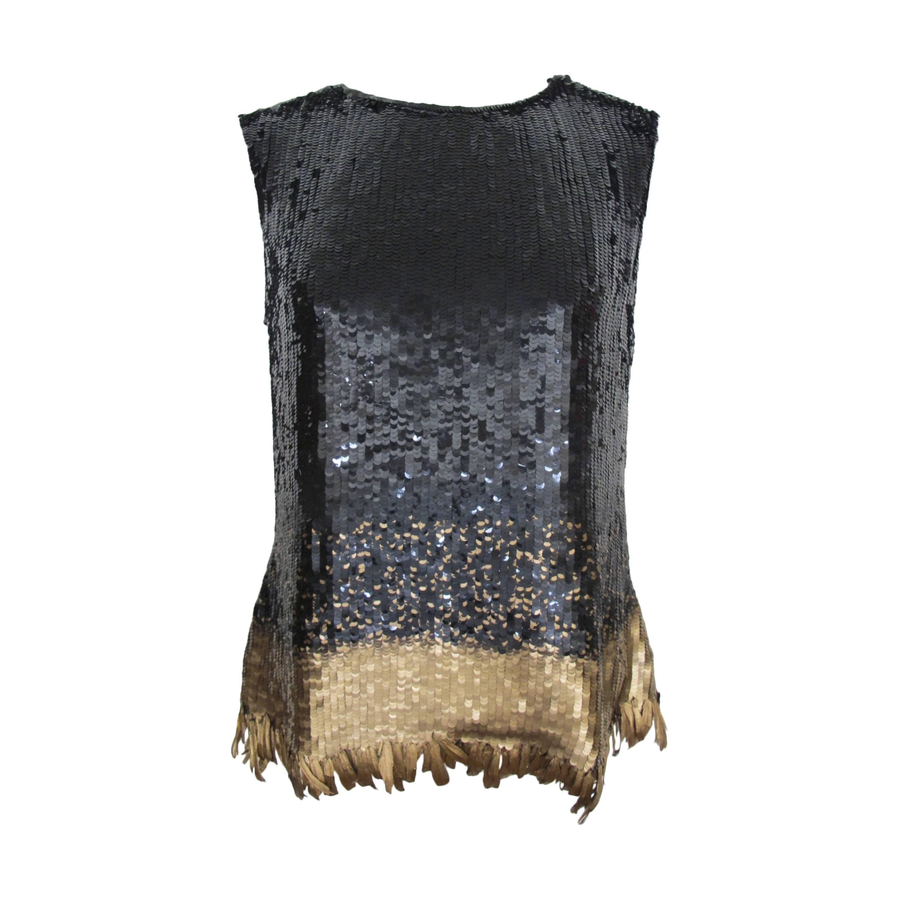 Oscar de la Renta Chic Black Sequin Evening Blouse with Gold Feathers For Sale