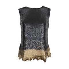 Oscar de la Renta Chic Black Sequin Evening Blouse with Gold Feathers