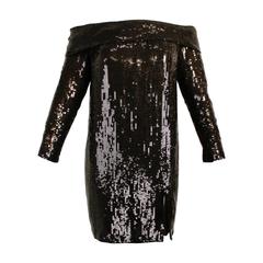1980s John Anthony Brown Sequined Off-Shoulder Evening Dress 2