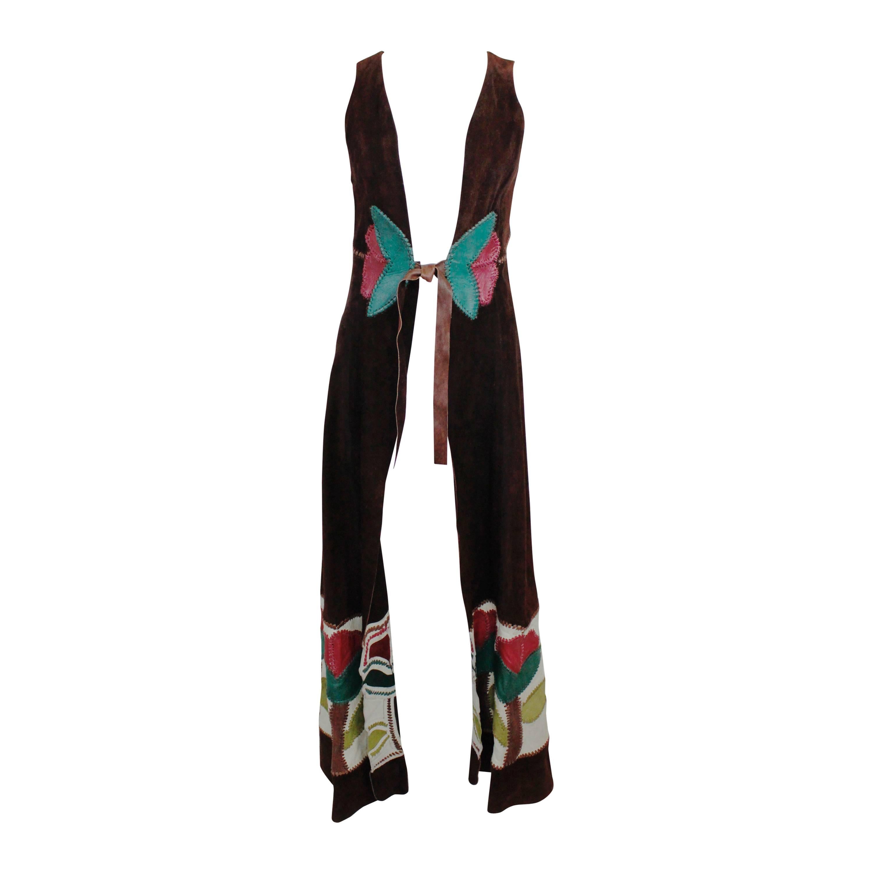 1970s Char Suede Vest with Patchwork Appliqué and Leather Binding
