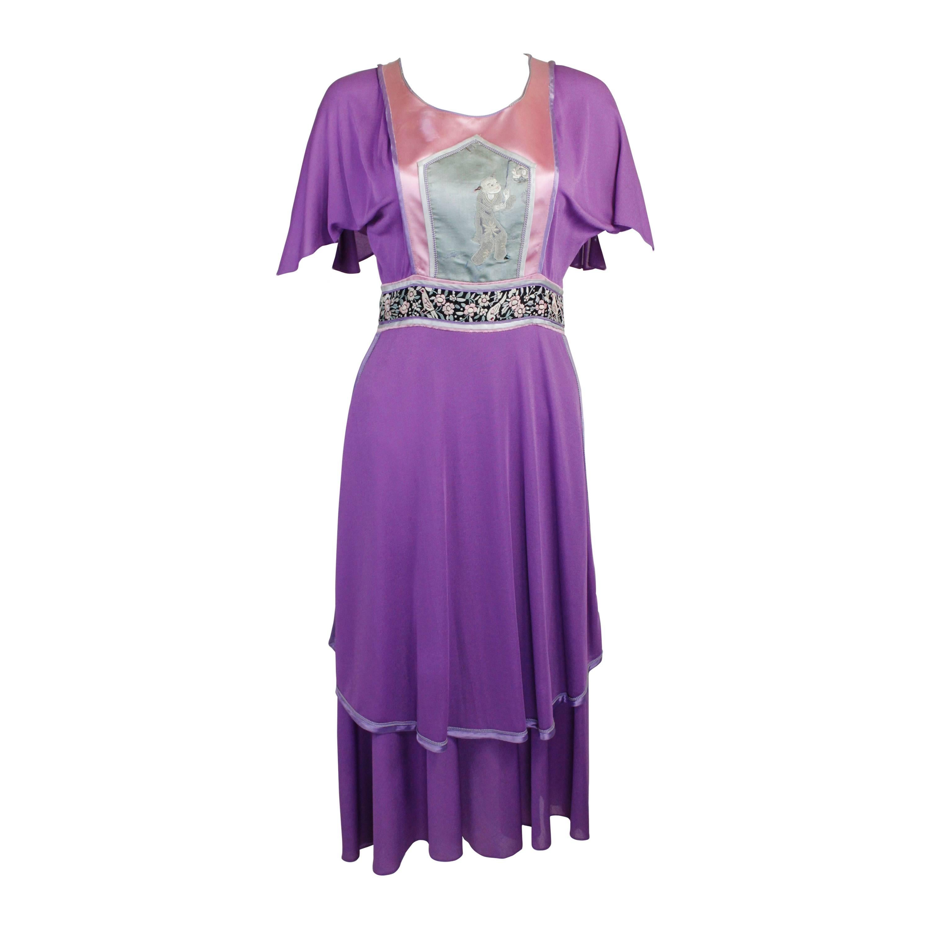 1970s Marisa Martin Chinoiserie Antique Appliqué Dress For Sale