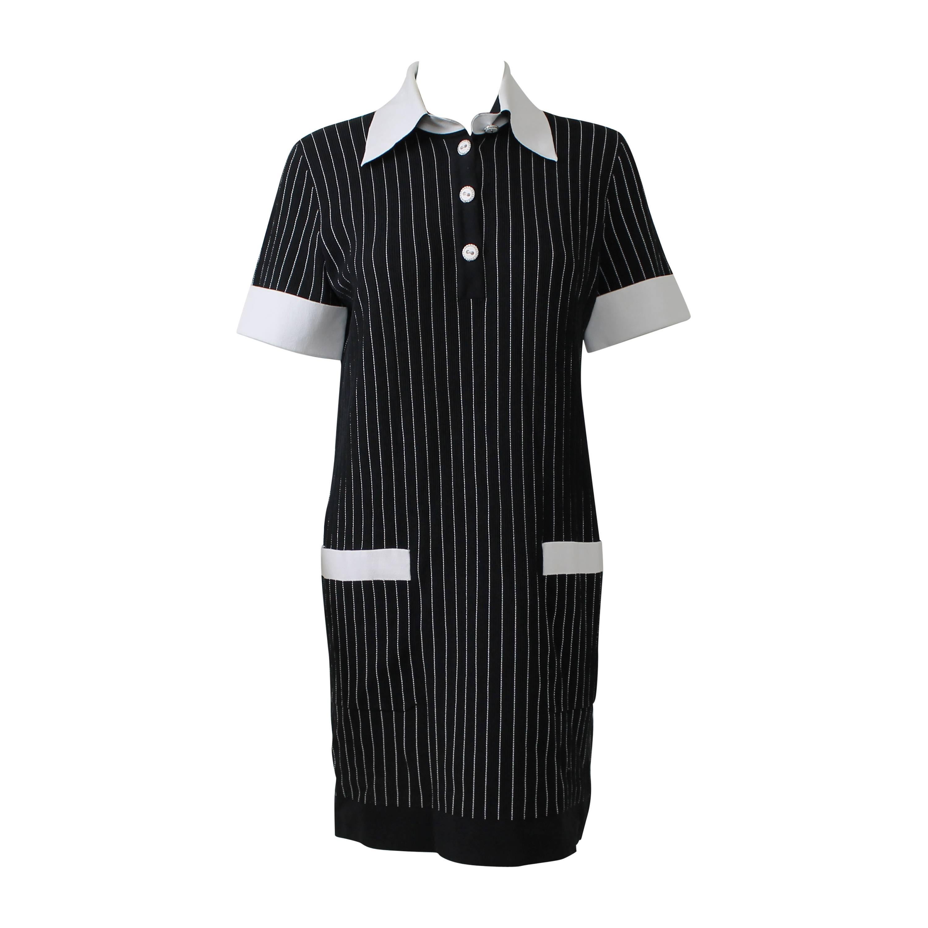 Chanel Black and White Pinstriped Cotton Nylon Collared Short Dress For Sale