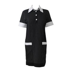 Chanel Black and White Pinstriped Cotton Nylon Collared Short Dress