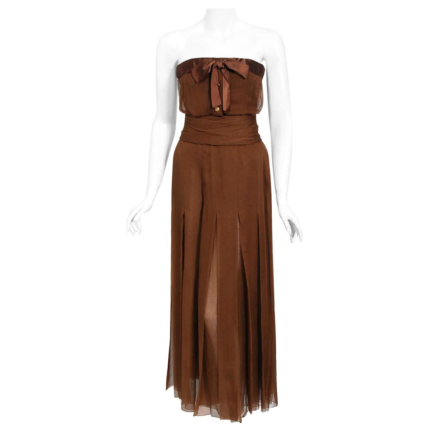 Vintage 1973 Christian Dior Haute Couture Brown Strapless Blouse & Palazzo Pants