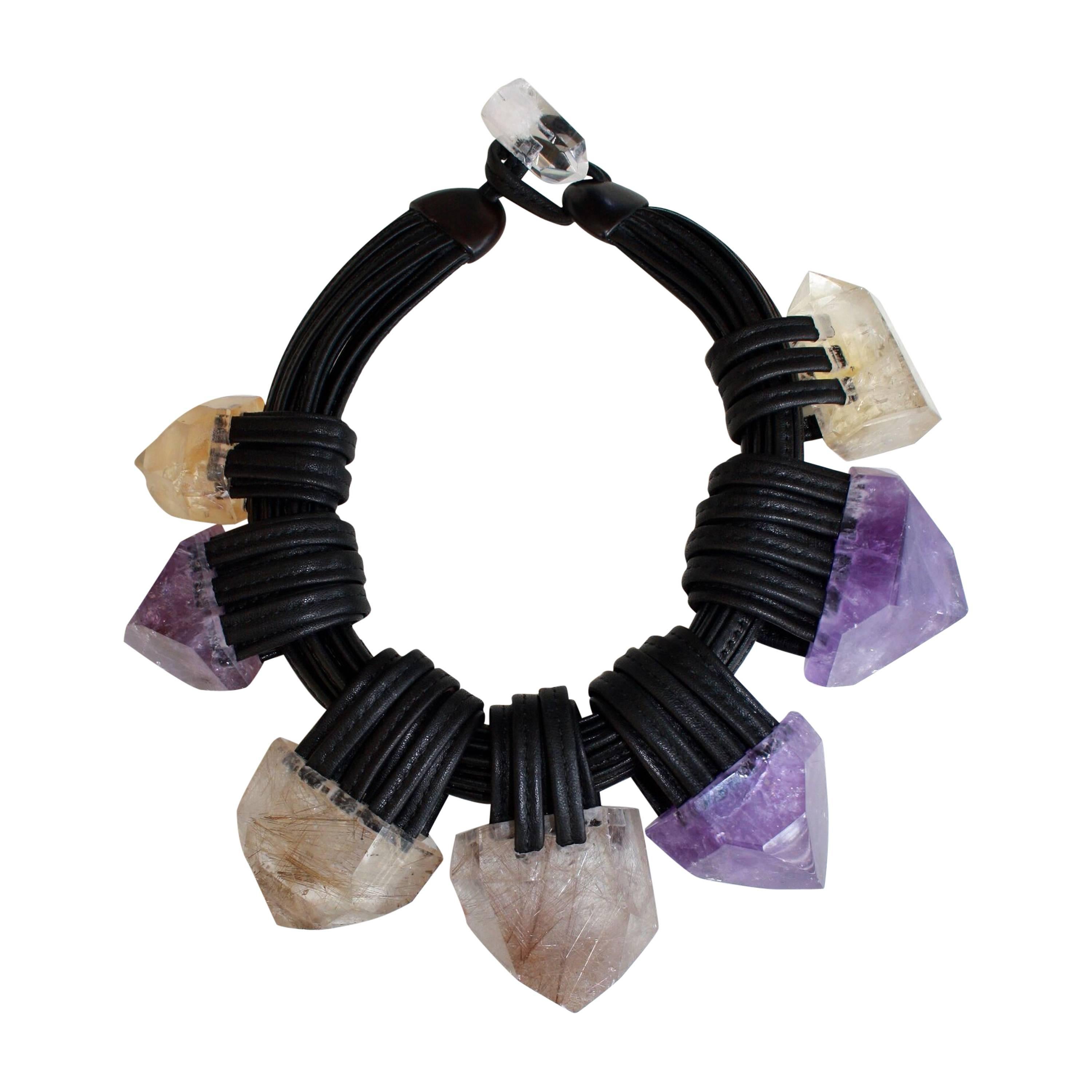 Monies Citrine, Amethyst, and Leather Necklace