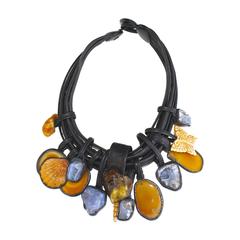 Monies Chalcedony, Amber, Agate, Bone, and Leather Necklace