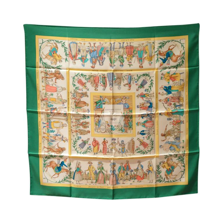Authentic Hermes Costumes Civils Actuels Silk Scarf In Green For Sale ...
