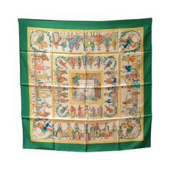 Authentic Hermes Costumes Civils Actuels Silk Scarf In Green